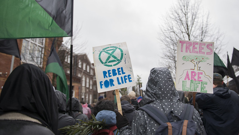 Een groep demonstranten in regenjassen, gezien van achteren, met twee zichtbare protestborden waarvan één met de tekst 'Rebel for Life' en het Extinction Rebellion logo en de andere met de tekst 'Trees are life'.
